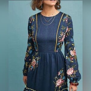SEEN WORN KEPT Anthropologie Jamilla Embroidered Tunic Dress Teal Long Sleeve XS